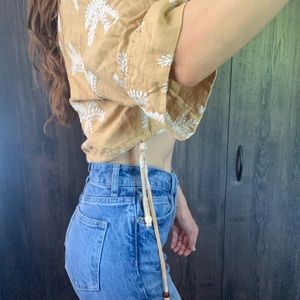 Zara cropped button down embroidered Palm tree print shirt with ties on side